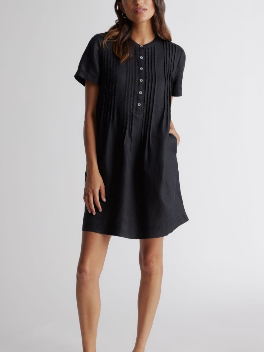 O Quince Linen (100% european linen) Black Pintuck Mini Swing Dress Small NWT